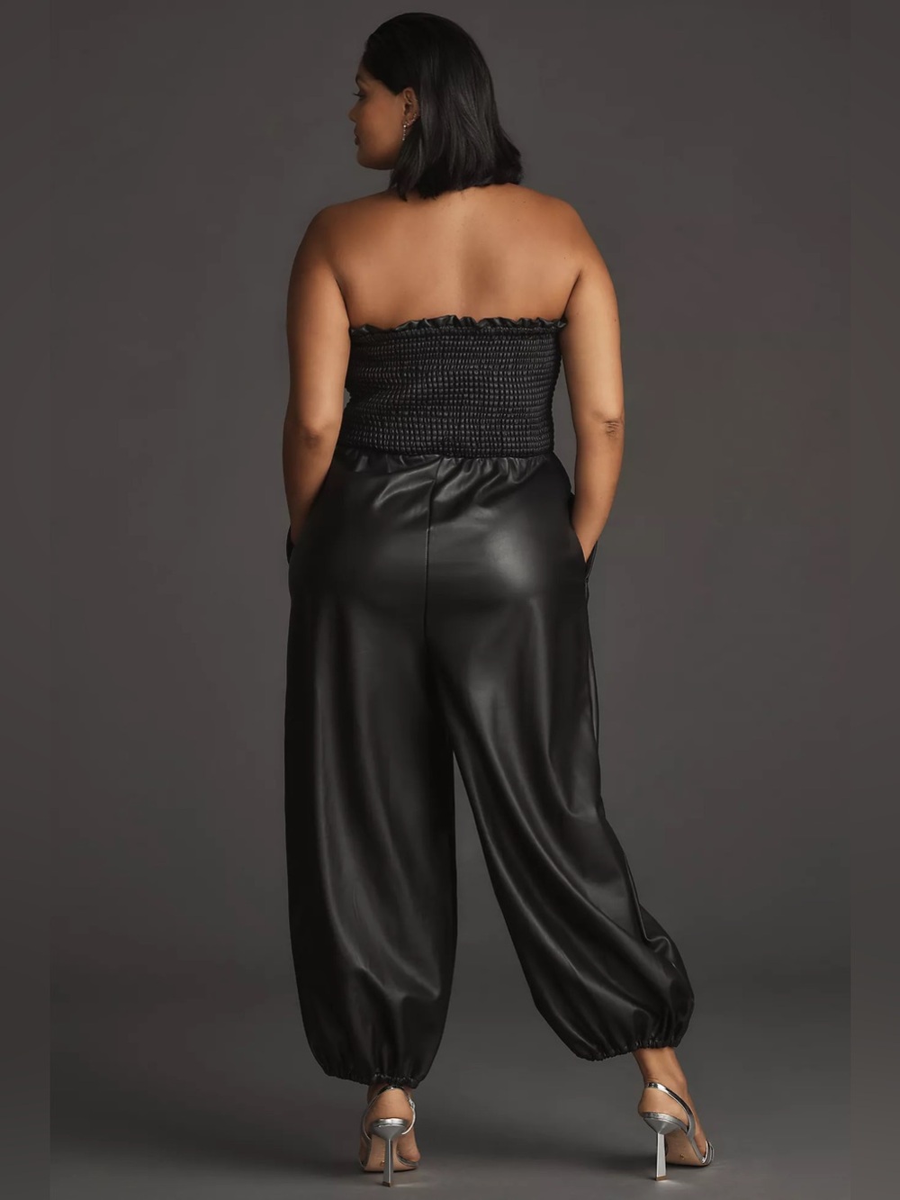 Anthropologie Faux Leather Strapless Jumpsuit Balloon Leg | Size XLP - Picture 2 of 14